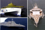 Рис. 2. Примеры тримаранов. По часовой стрелке: скоростной паром «Benchiqua Express» (Austal, Австралия), корабль демонстратор RV «Triton» (Vosper Thornycraft), боевой корабль прибрежной зоны «Independence» (Littoral Combat Ship, Austal USA )